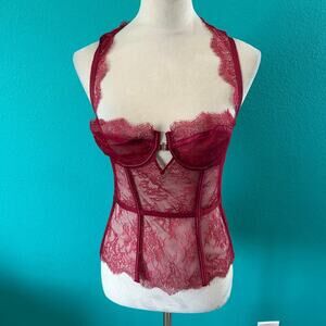 Victoria's Secret Sheer Red Lace Bustier Valentine Sexy Honeymoon Size 36B